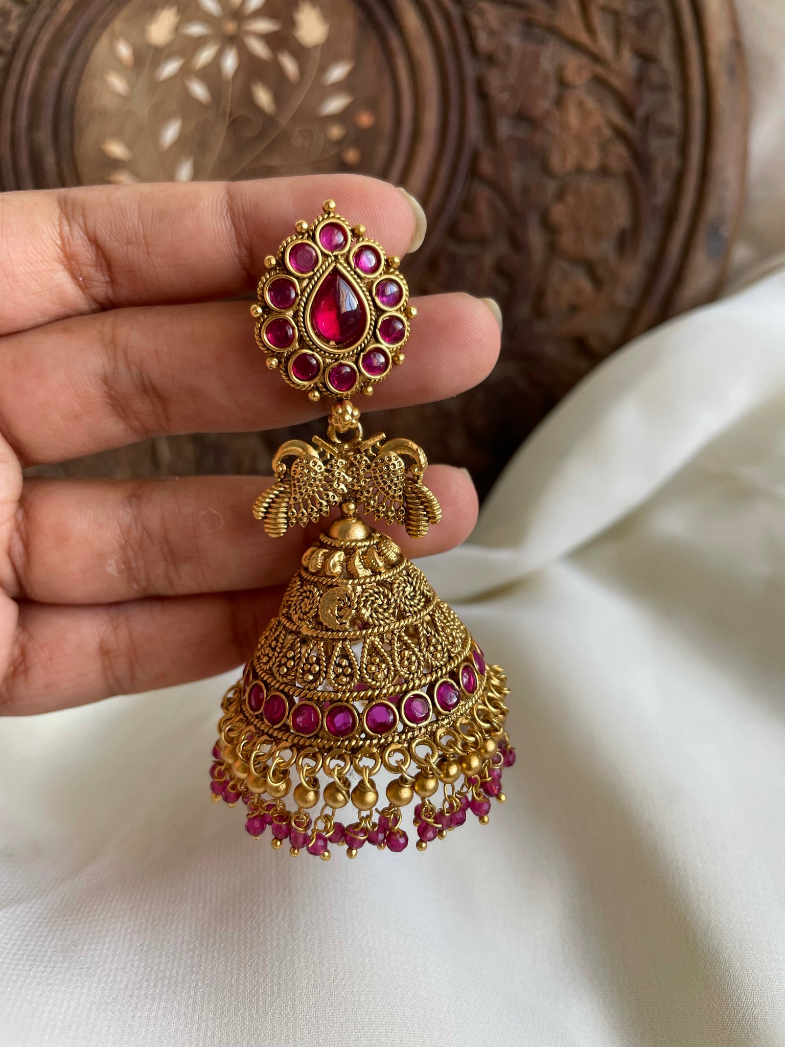Antique Gold Finished Ruby/emerald Pearl Peacock Jhumkas / Jhumki Earrings  / Mini Bridal Earrings / Temple Jhumka Earrings - Etsy